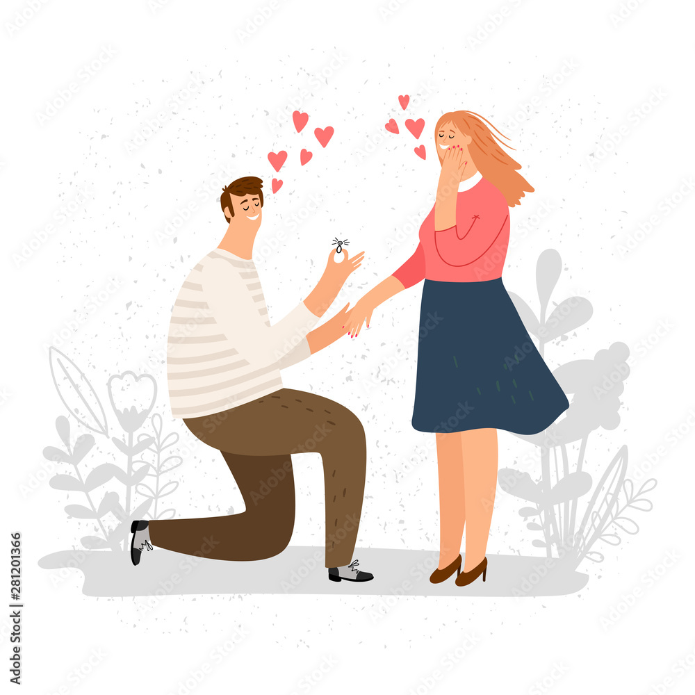 Man on knees proposing beautiful girl for marriage vector illustration Man on knees proposing beautiful girl for marriage vector illustration