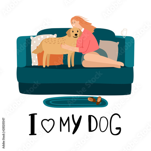 I love my dog vector concept. Woman hugs her dog illustration