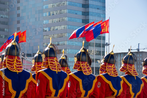 Ulaanbaatar/Mongolia-11.08.2016:The parade on the main square in Ulaanbaatar. Soldiers are dressed in the traditional uniform and waiting for the command