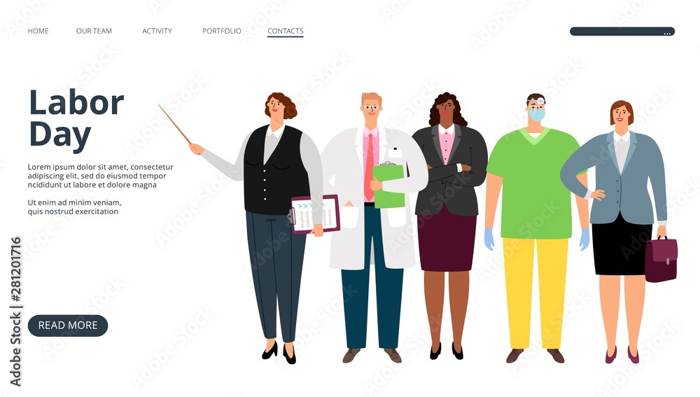 Labor day landing page. Different profession people vector characters Labor day landing page. Different profession people vector characters