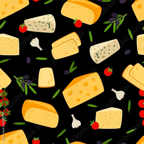 Cheese seamless pattern. Vector farm cheese, olives, tomatoes. Mediterranean cuisine texture
