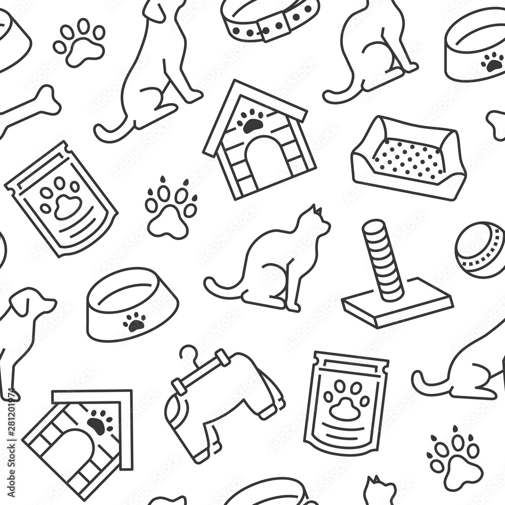 Pet shop vector seamless pattern with flat line icons of dog house, cat