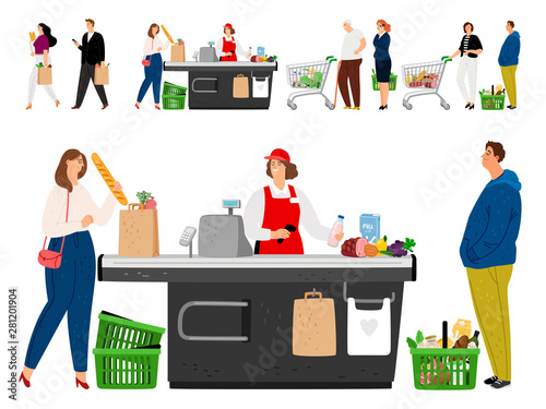 Shopping queue. People in grocery shop, group of shoppers in market queue, pay money, use marketing service, call by mobile vector illustration