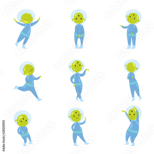 Set of cute green alien character in blue clothes