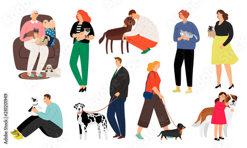 People pet owners. Smiling humans with cute happy dogs and cats, men and women persons with funny pets animals isolated on white background