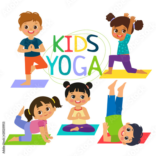 Kids Yoga Banner Vector Design Concept. Girl And Boy In Yoga Position Vector Illustration. Happy Cartoon Children Practicing Yoga. Yoga Poses, Meditations, Sequences.