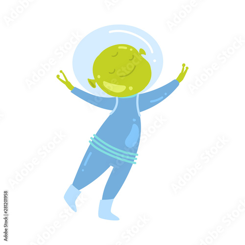 Cute green alien is very happy to make friendship