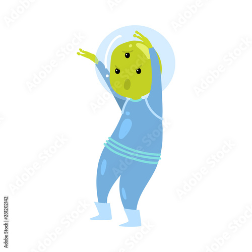 Cute green alien in blue clothes is scary his friends