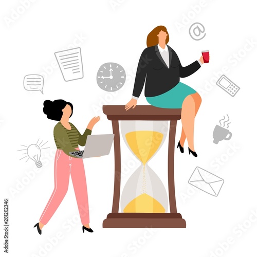 Time management concept. Flat businesswoman and her secretary. Woman sitting on hourglass, productivity vector illustration