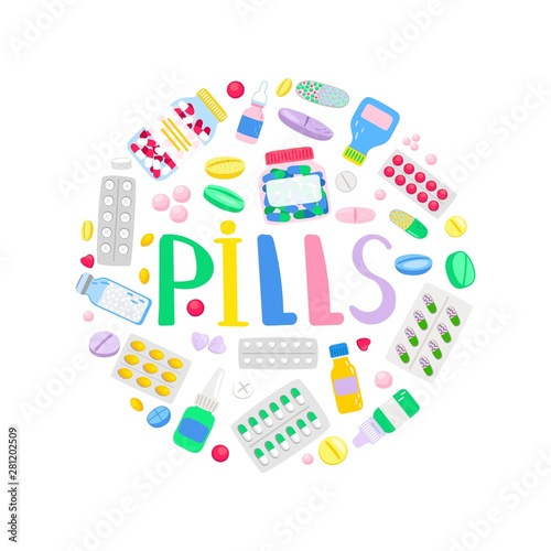 Medicines and medications. Treatment pills and analgesic tablets. Pharmacy round banner, vector illustration