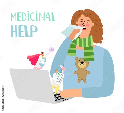 Online doctor. Medicinal help for headache girl face with handkerchief and cold remedies vector illustration