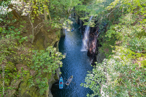 Takachiho gorge with Manai waterfall and boat in Miyazaki, Japan photo