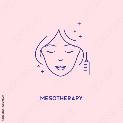 Face mesotherapy line icon. Hyaluronic acid facial injection, vector banner design template. Female rejuvenating mesotherapy.