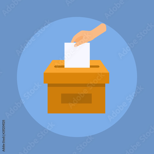 Hand puts voting ballot in ballot box. Election concept.