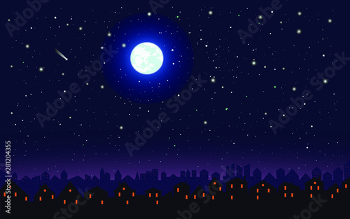 Provincial town at night. Bright moon and a shooting star. can be used as a background, postcard, pattern on clothes, scrapbooking, book illustration