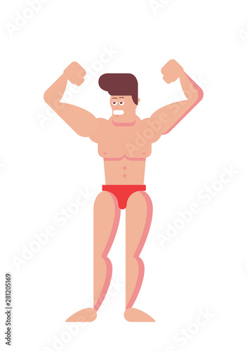 Funny Cartoon bodybuilder. Flat vector