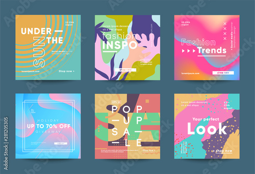 Trendy square banners for social media promotion with creative typography. Different styles deisgn: tropic, geometric, bauhaus and fluid. Eps10 vector.