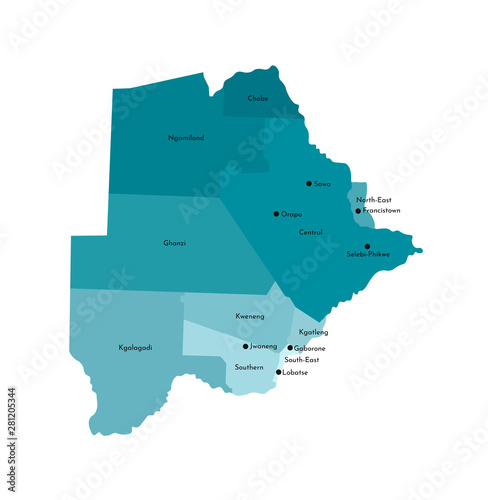 Vector isolated illustration of simplified administrative map of Botswana. ﻿Borders and names of the districts (regions). Colorful blue khaki silhouettes