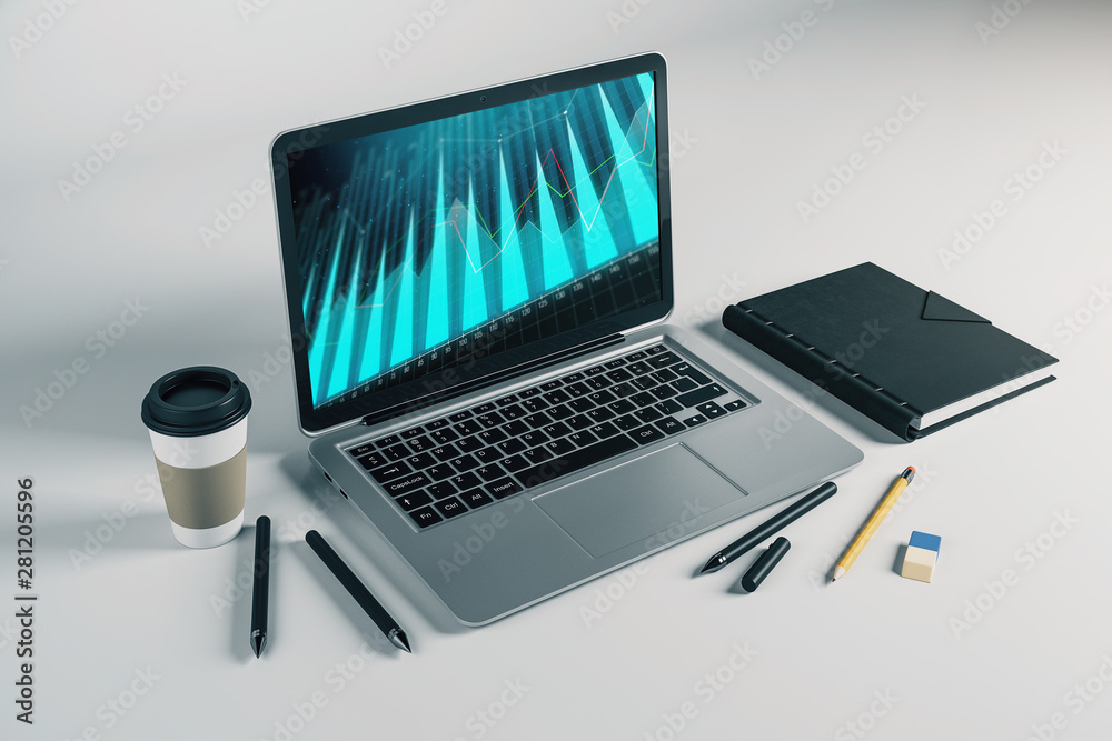 Laptop closeup with forex graph on computer screen. Financial trading and education concept. 3d rendering. Laptop closeup with forex graph on computer screen. Financial trading and education concept. 3d rendering.