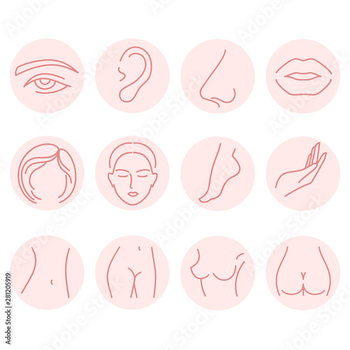 Set of body parts icons. Illustrations for spa and beauty salon, plastic surgery.