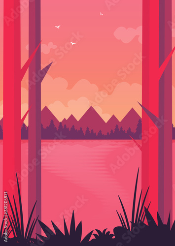 Flat vector banner with landscape. Background illustration