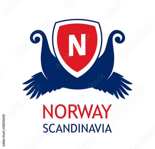 Logo for travel company organizing sea cruises in Scandinavia and Norway. Emblem in color of Norvegian national flag.