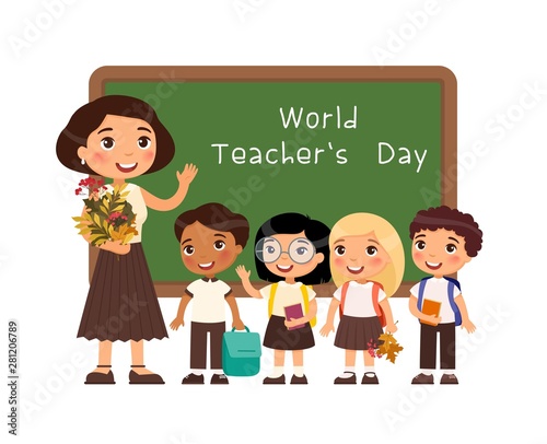International teachers day congratulation flat vector illustration. Schoolchildren congratulate teacher cartoon characters. Cheerful classmates standing near blackboard. Greeting on school chalkboard