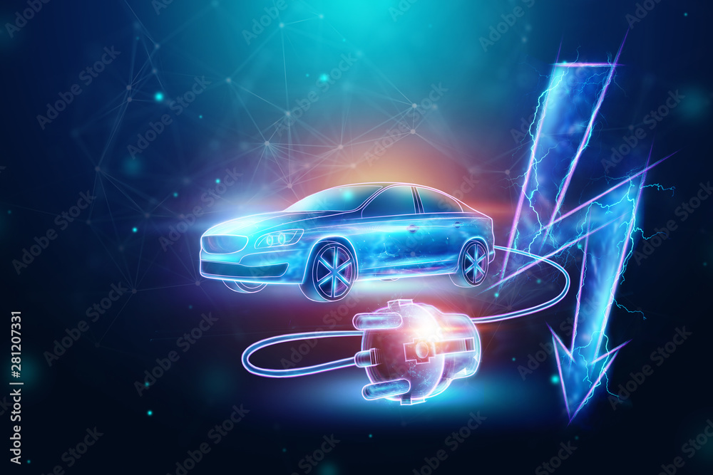 Creative background, Electric car with charging wire, hologram, electricity sign. The concept of electromobility e-motion, charging for the car, modern technology. 3D Render, 3D illustration Creative background, Electric car with charging wire, hologram, electricity sign. The concept of electromobility e-motion, charging for the car, modern technology. 3D Render, 3D illustration