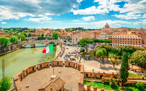 Panoramic view of Rome with St Peter's Basilica in Vatican City, Italy. Skyline of Rome. Rome architecture and landmark, cityscape.