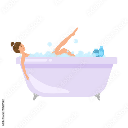 Cute sexy girl take a bath in foam bathtub