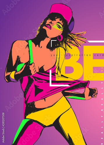 Color fashion woman neon lights. Rainbow make-up, portrait. Colorful color scheme