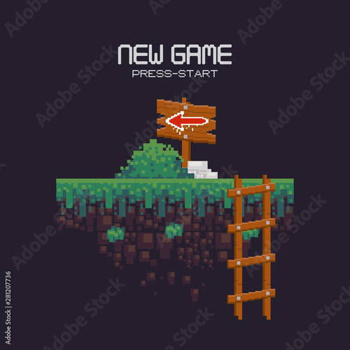 Retro videogame scenery with terrain pixelated