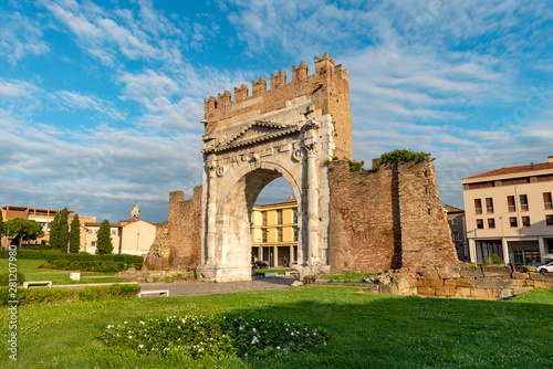Famous place in Rimini, Italy. Arch of Augustus, the ancient gate of the city. photo