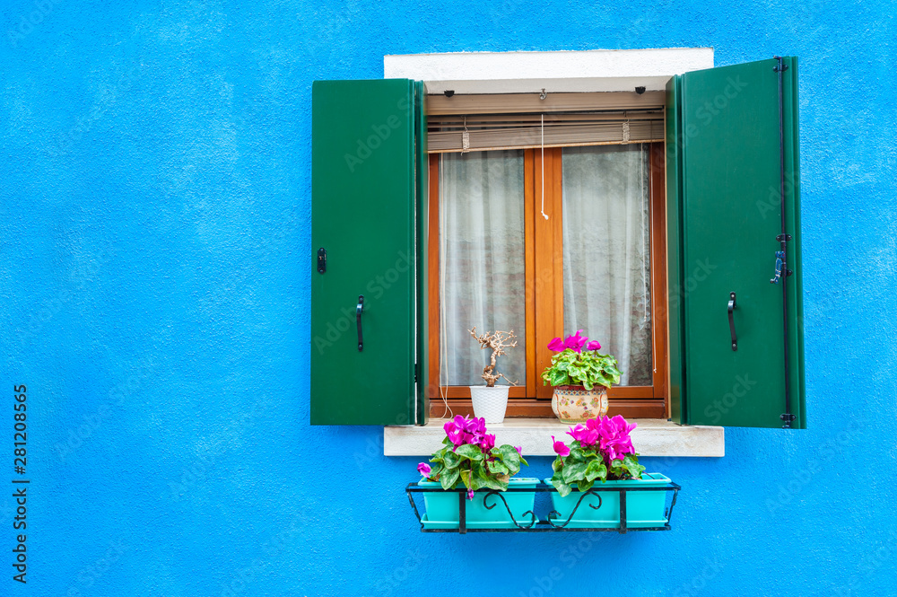 Window with flowers on the blue-painted wall. Colorful architecture in Burano island, Venice, Italy.
