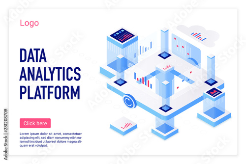 Data analytics platform vector isometric landing page template. Statistics visualization, business analysis website homepage 3D concept. Virtual data analyzing system web banner layout
