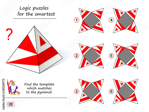 Logic puzzle game for smartest. From which sample can you install this pyramid? Printable page for brainteaser book. Need to find the template which matches to pyramid. Developing spatial thinking.
