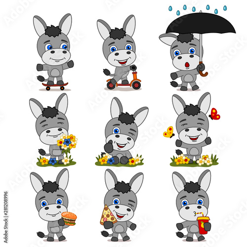 Set of funny donkey in different poses - on scooter, summer meadow, fast food - isolated on white background