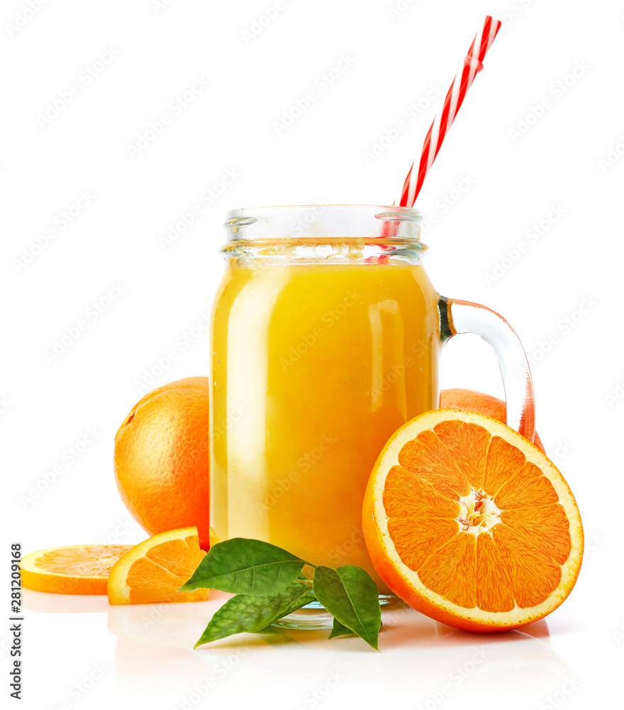 Fresh orange juice with fruit and green leaves in glass can straw wooden juicer stick, isolated on white background clipping path included. Fresh orange juice with fruit and green leaves in glass can straw wooden juicer stick, isolated on white background clipping path included.