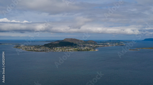 Valdero is a small island in Giske Municipality in More og Romsdal county, near Alesund, Norway. Panoramic aerial view, drone shot. July 2019 © Сергій Вовк