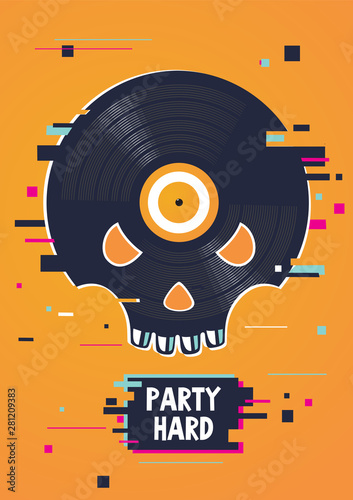 Music party poster with skull and vinyl record. Hip-hop festival banner.