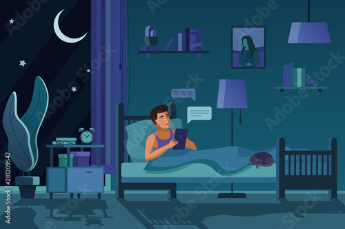 Man texting at night flat vector illustration. Guy in bed, sending messages, chatting online drawing. Evening room interior design. Smiling male cartoon character using tablet, cat sleeping