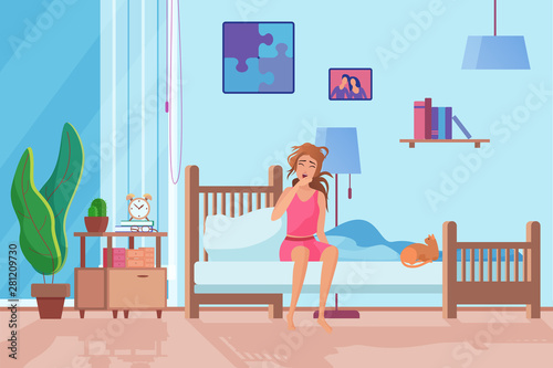 Exhausted woman in morning flat vector illustration. Tired gilr waking up, sitting on bed. Sad, depressed female cartoon character. Unhappy woman, red cat in room. Lady bedroom interior design