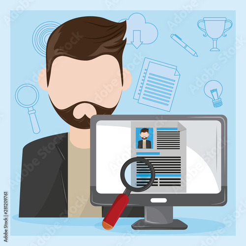 Job interview computer with checking worker CV profile