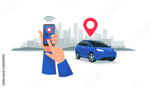 Fototapeta Naklejka Na Ścianę i Meble -  Vector illustration of autonomous wireless parking remote connected car sharing service controlled via smartphone app. Hands holding phone location mark of smart electric car in modern city skyline.