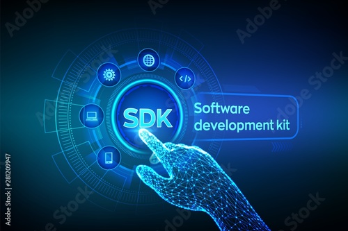 SDK. Software development kit programming language technology concept on virtual screen. Technology Concept. Robotic hand touching digital interface. Vector illustration. photo