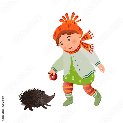 Cute smiling girl in autumn clothes give red apple to hedgehog