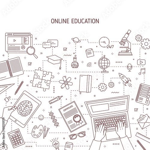 Monochrome banner template with hands typing on laptop and stationery drawn with contour lines. Online or distance education, e-learning, studying on internet. Vector illustration in linear style.