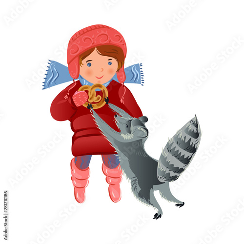 Cute wild grey skunk take a bakery pretzel from cute girl