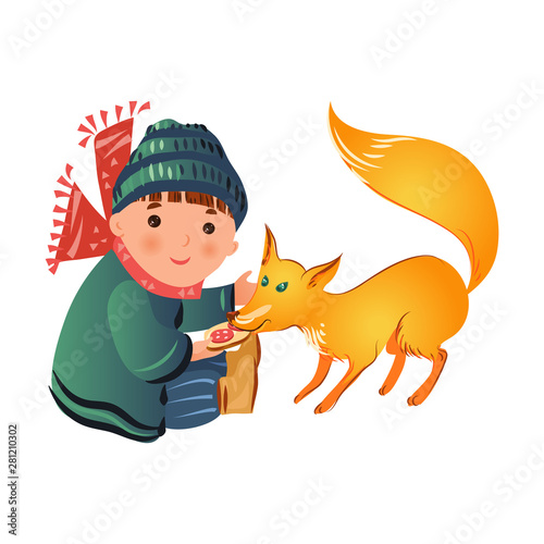 Cute smiling boy in winter clothes is give food to fox