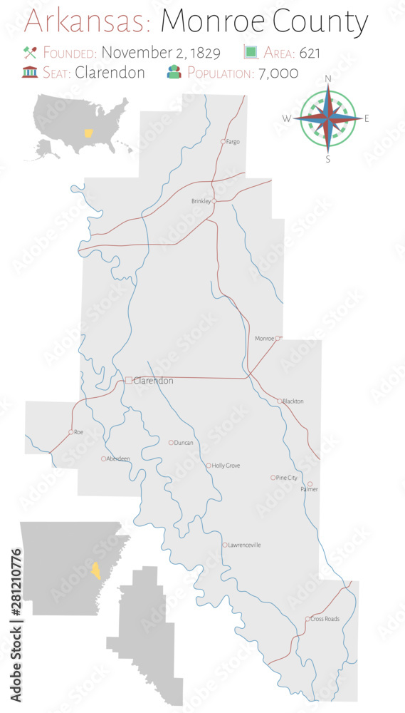 Large and detailed map of Monroe county in Arkansas, USA Stock Vector